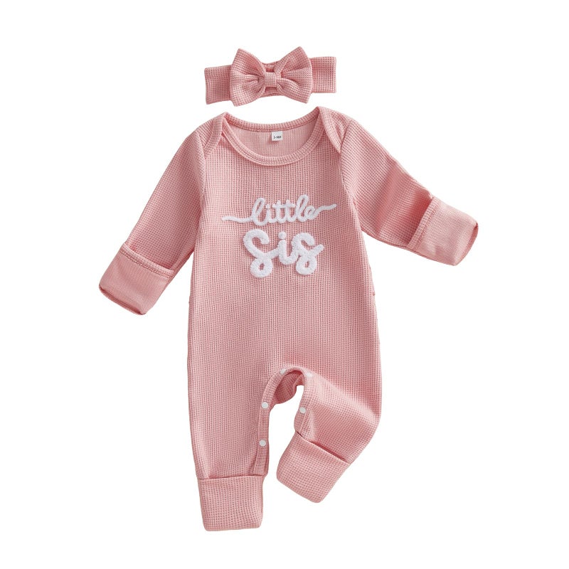 allshope Infant Baby Girl Fall Outfit Sweatshirt Romper Little Sister Lil Sis Long Sleeve Jumpsuit Newborn Clothes (Waffle Little Sis Pink, Newborn) - Image 1