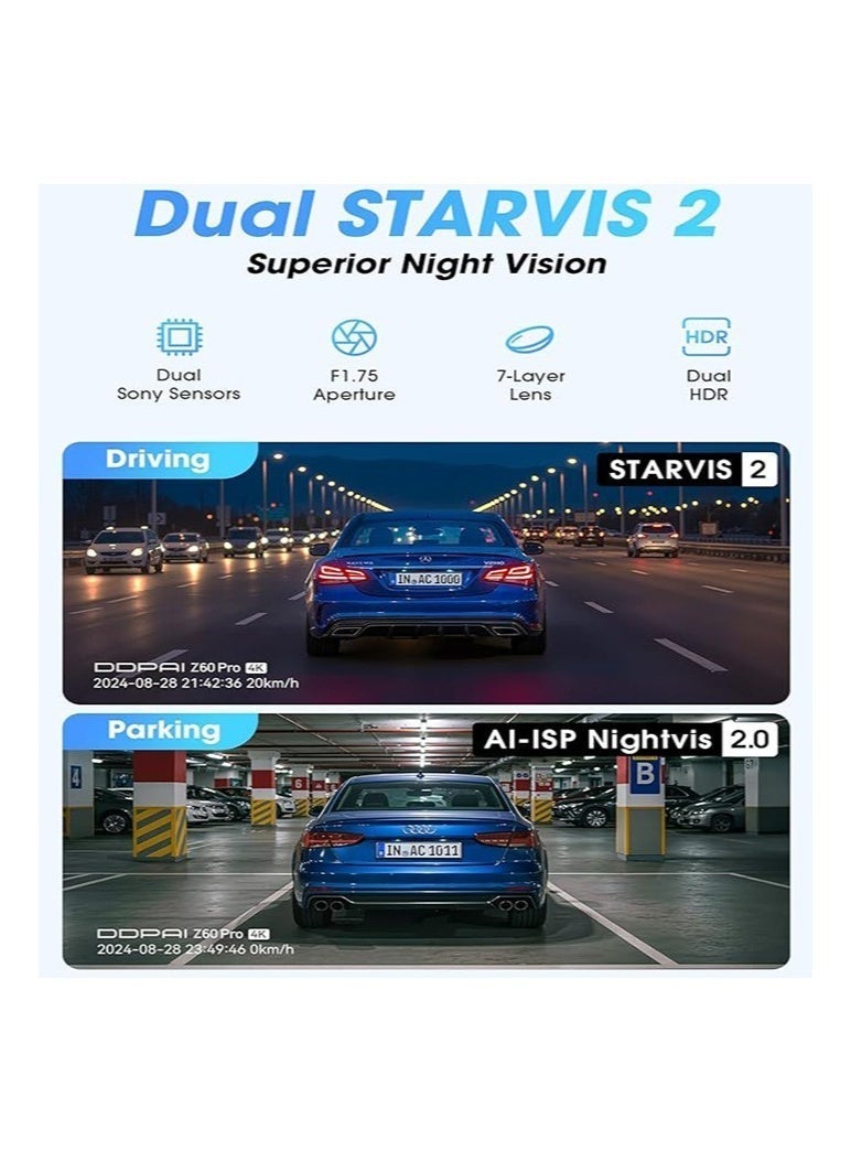 دي دي باي كاميرا داش كام DDPAI Z60 Pro ثنائية القنوات بدقة 4K + 1080P | مستشعر Sony STARVIS | GPS مدمج | اتصال WiFi بتردد 5GHz | نظام ADAS | رؤية ليلية | مستشعر G | تسجيل حلقي | مراقبة مواقف 24 ساعة - Image 4