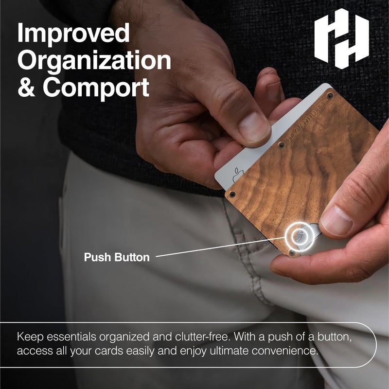 Hayvenhurst Wallet For Men - Reinvented Design Men's Wallet - Slim, Minimalistic & Seamless, Blocks RFID Scanners with a Cash Strap (Walnut Wood) - Image 3