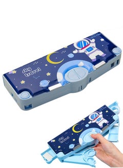 Multifunction Astronaut Pencil Case Magnetic Operating Cover Automatic Button Pencil Box with 2 Compartments for Students Cartoon Pattern Stationery Set with Pop Out Scissors and Pencil Sharpener Blue