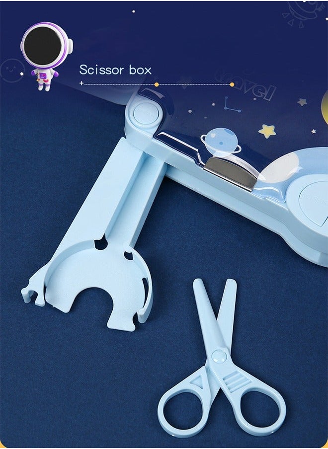 Generic - Multifunction Astronaut Pencil Case Magnetic Operating Cover Automatic Button Pencil Box with 2 Compartments for Students Cartoon Pattern Stationery Set with Pop Out Scissors and Pencil Sharpener Blue - Image 1