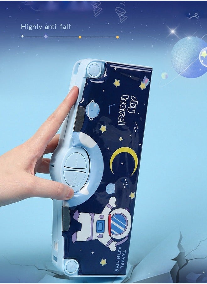 Generic - Multifunction Astronaut Pencil Case Magnetic Operating Cover Automatic Button Pencil Box with 2 Compartments for Students Cartoon Pattern Stationery Set with Pop Out Scissors and Pencil Sharpener Blue - Image 1
