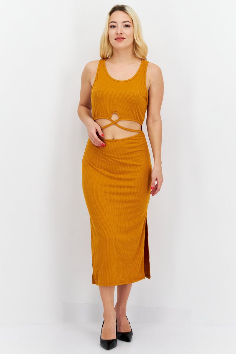 Endless Blu Women Ribbed Midi Casual Dress, Mustard - Image 1