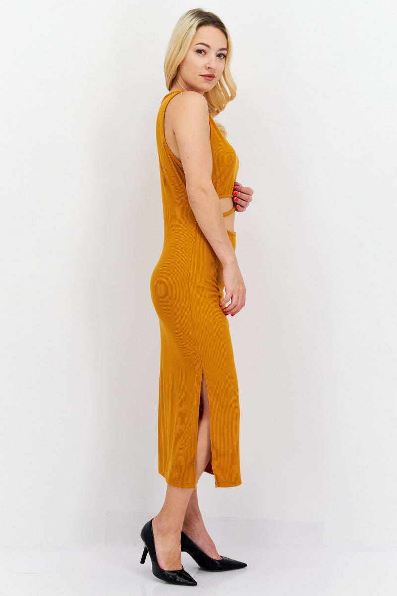 Endless Blu Women Ribbed Midi Casual Dress, Mustard - Image 2