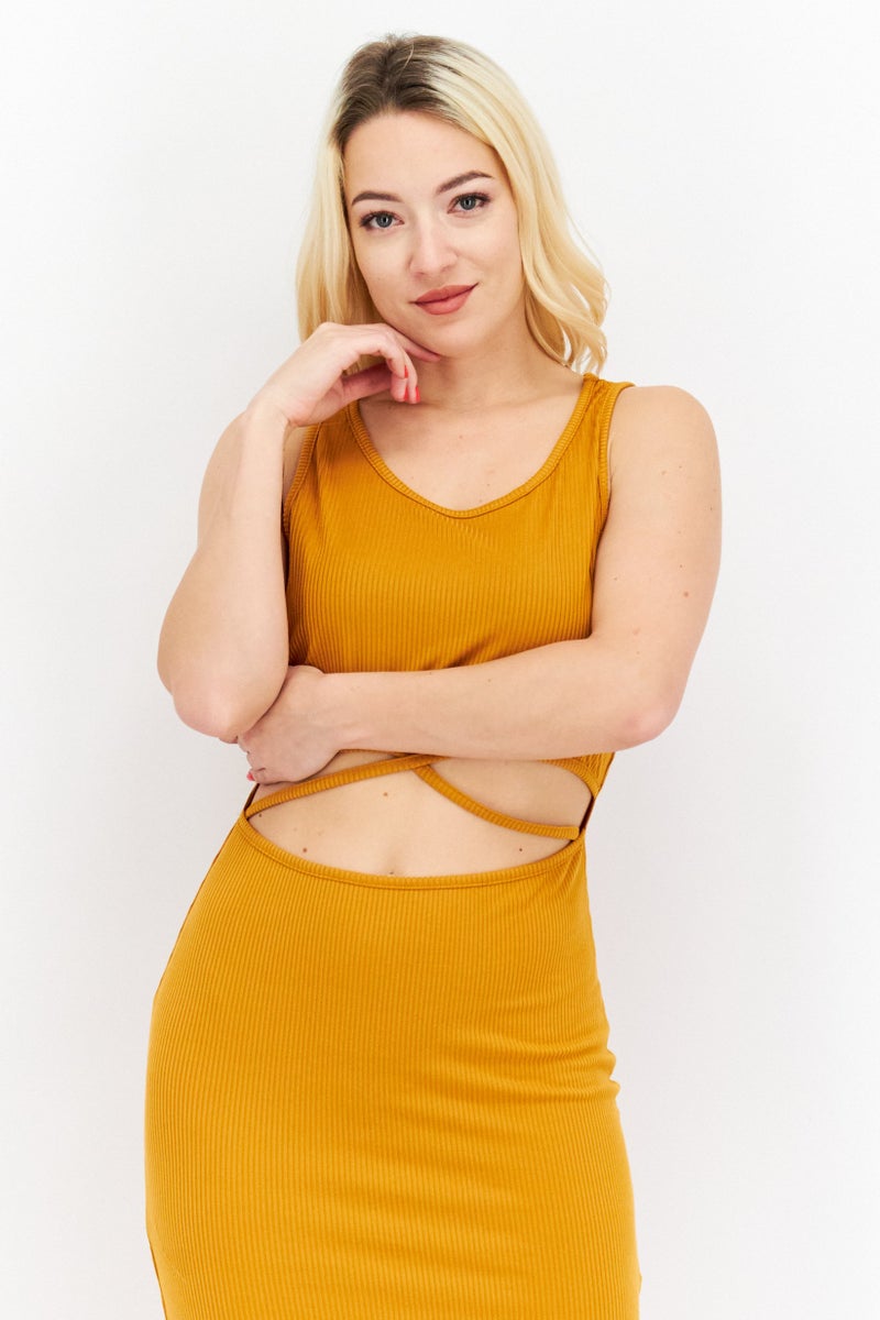 Endless Blu Women Ribbed Midi Casual Dress, Mustard - Image 4