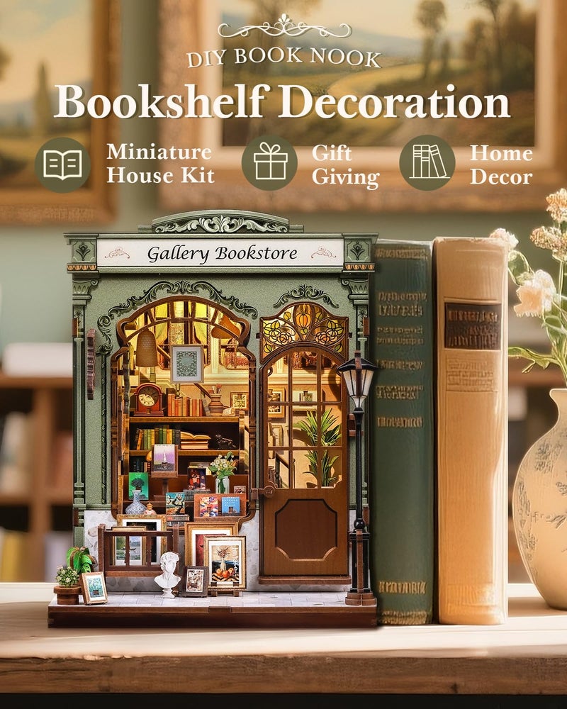 CUTEBEE Book Nook Kit - DIY Miniature House Dollhouse Kit for Adults, Booknook Library Bookstore Tiny House Bookshelf Decor 3D Wooden Puzzle, Gifts for Family and Friends (Gallery Bookstore) - Image 3