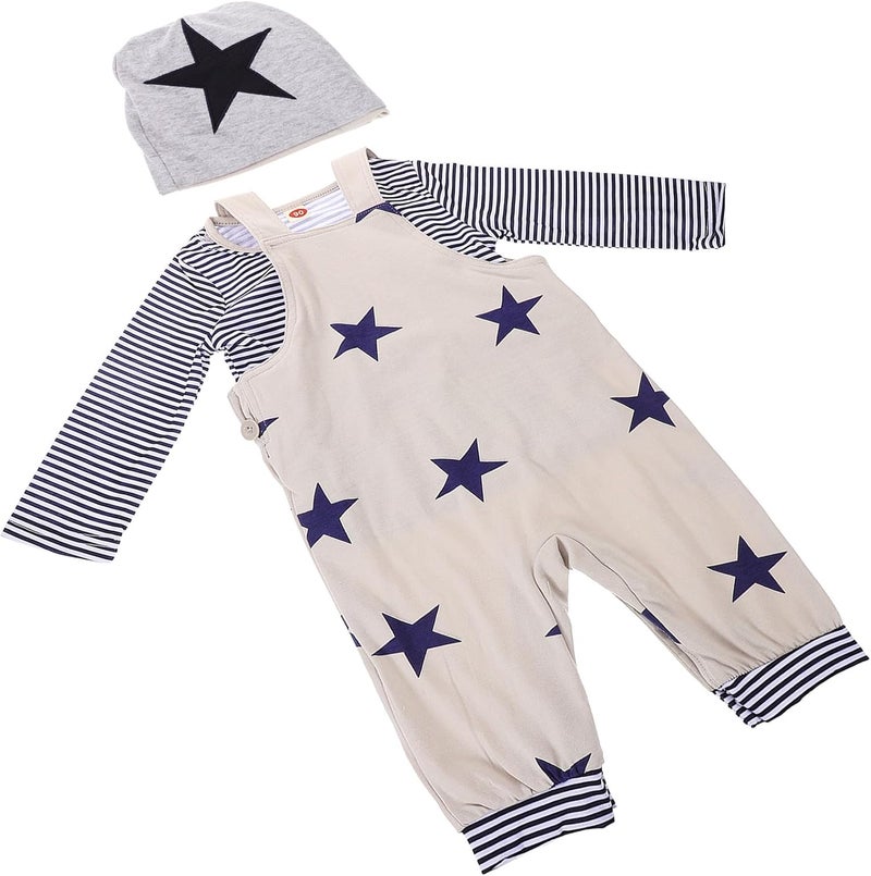 BESTonZON Boy Suspender Trousers Outfit Set with Long Sleeve Shirt and Hat, Spring Clothing Suit for Boys, Size 90 - Image 1