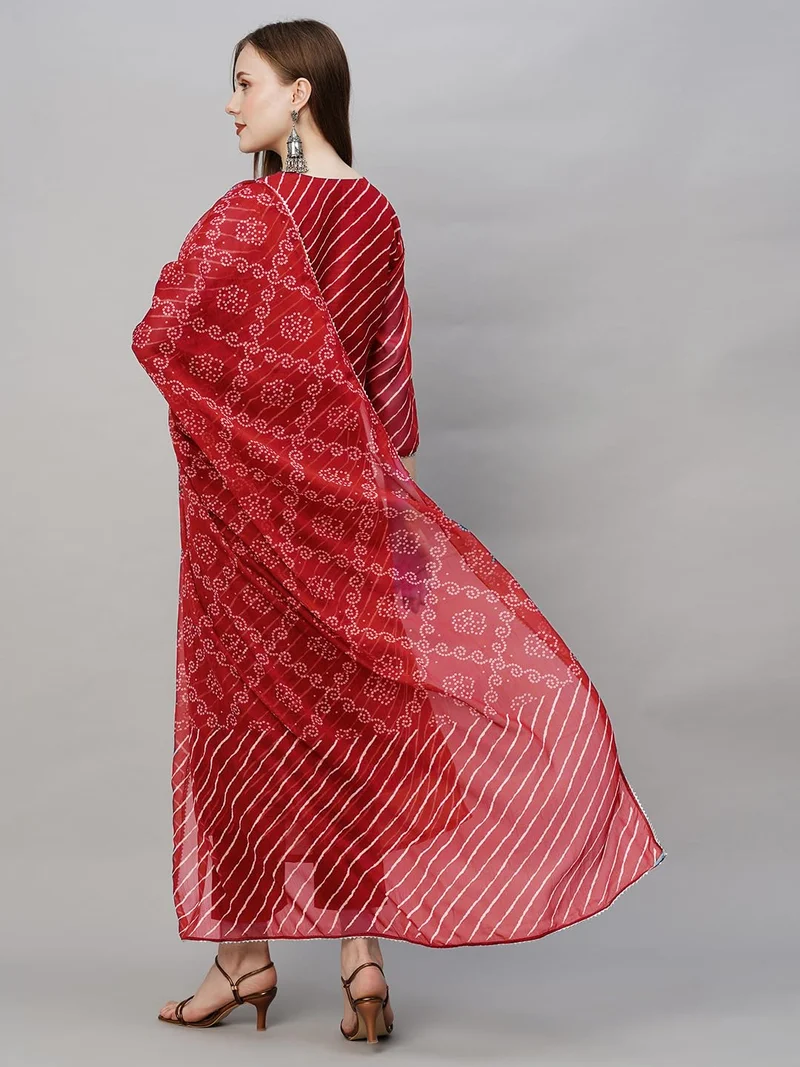 GoSriKi مزيج قطن نسائي كرتا مطرزة مستقيمة مع بنطال ودوباتا أحمر