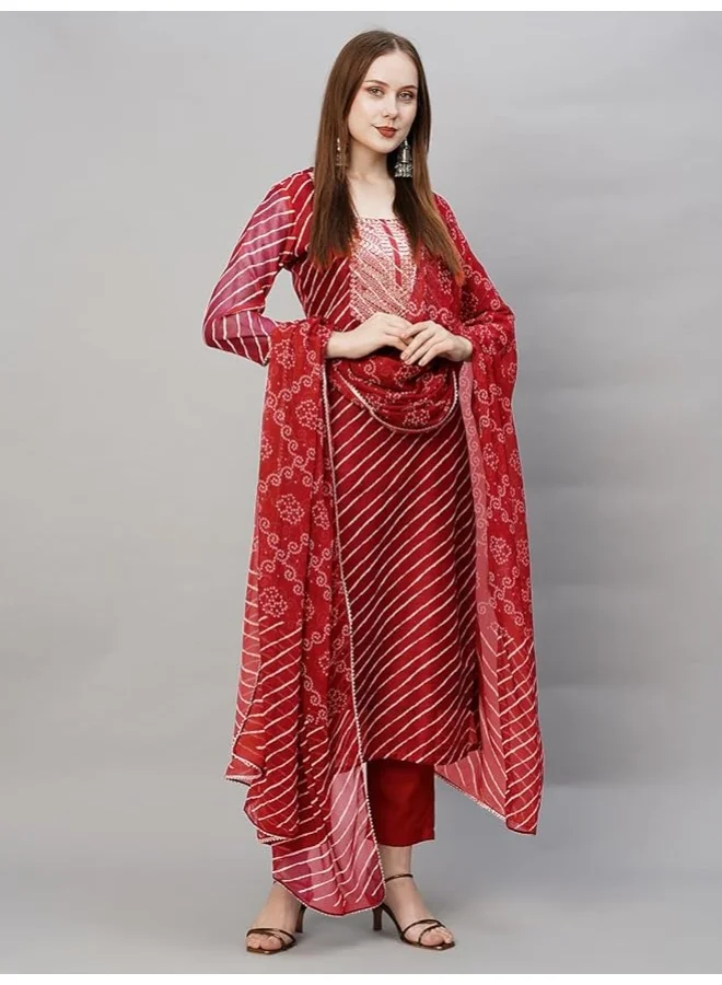GoSriKi Women's Cotton Blend Straight Embroidered Kurta with Pant & Dupatta (Doremi-RED-GS_L_Red_Large)