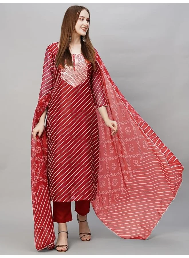 GoSriKi  GoSriKi Women's Cotton Blend Straight Embroidered Kurta with Pant & Dupatta (Doremi-RED-GS_L_Red_Large) for Women | Best Price UAE