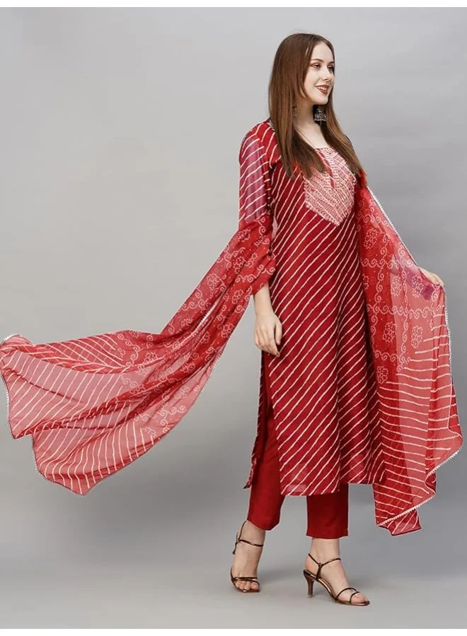 GoSriKi  GoSriKi Women's Cotton Blend Straight Embroidered Kurta with Pant & Dupatta (Doremi-RED-GS_L_Red_Large) for Women | Best Price UAE