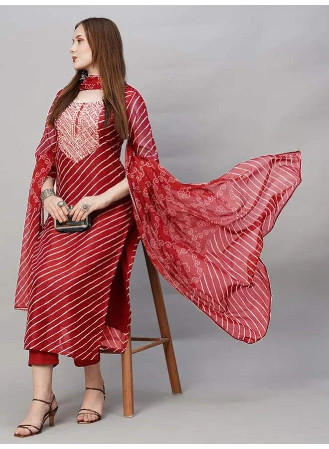 GoSriKi  GoSriKi Women's Cotton Blend Straight Embroidered Kurta with Pant & Dupatta (Doremi-RED-GS_L_Red_Large) for Women | Best Price UAE