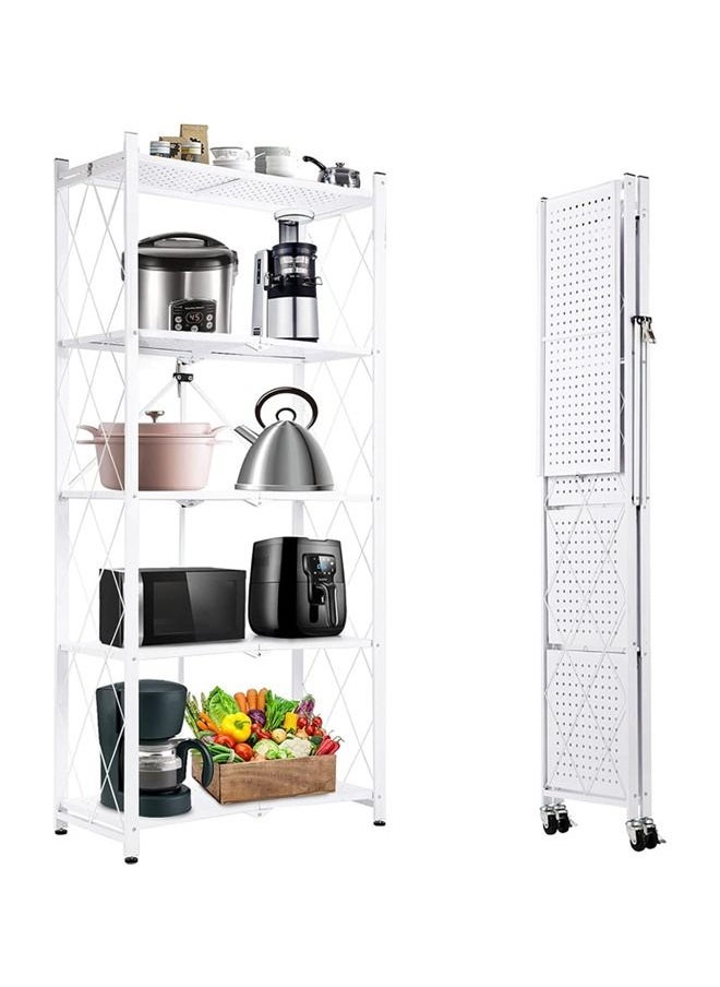 Taimi - 5-Tier Folding Shelf Steel Shelving Rack with Wheels for Mobile Storage White - Image 1