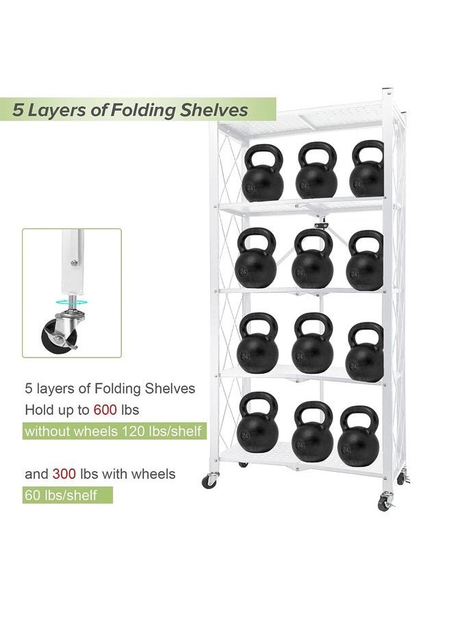 Taimi - 5-Tier Folding Shelf Steel Shelving Rack with Wheels for Mobile Storage White - Image 1