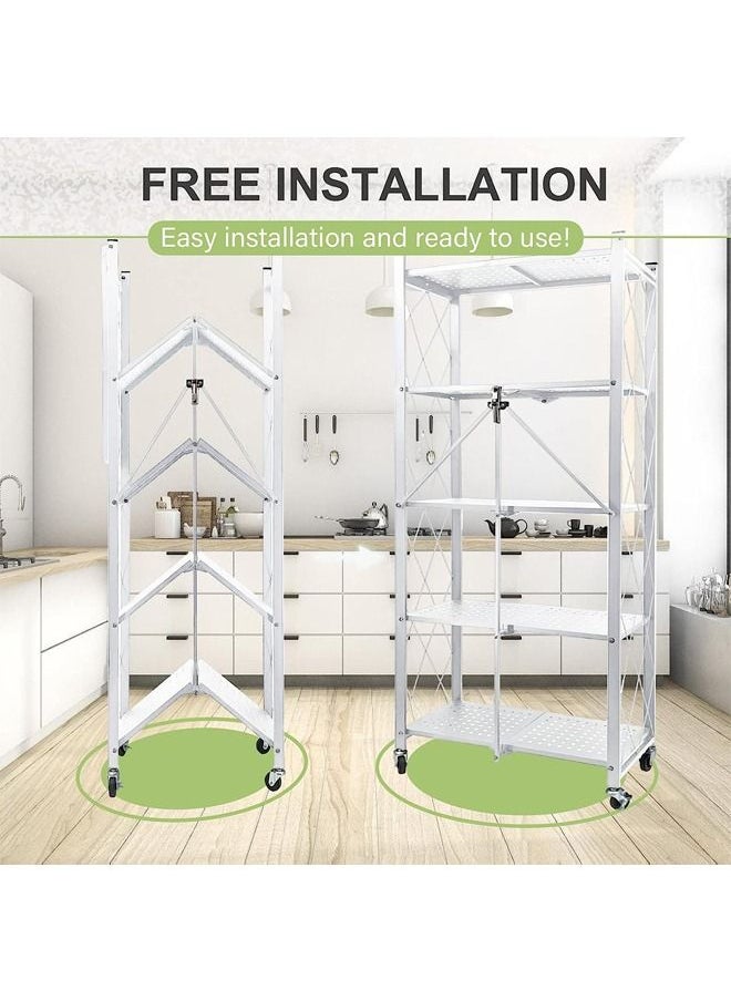 Taimi - 5-Tier Folding Shelf Steel Shelving Rack with Wheels for Mobile Storage White - Image 1