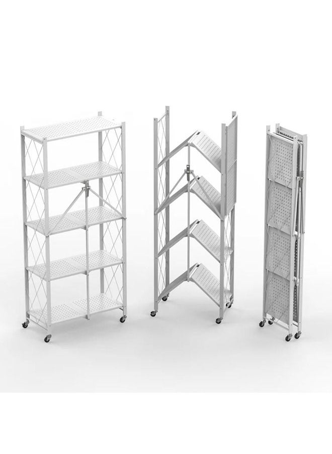 Taimi - 5-Tier Folding Shelf Steel Shelving Rack with Wheels for Mobile Storage White - Image 1