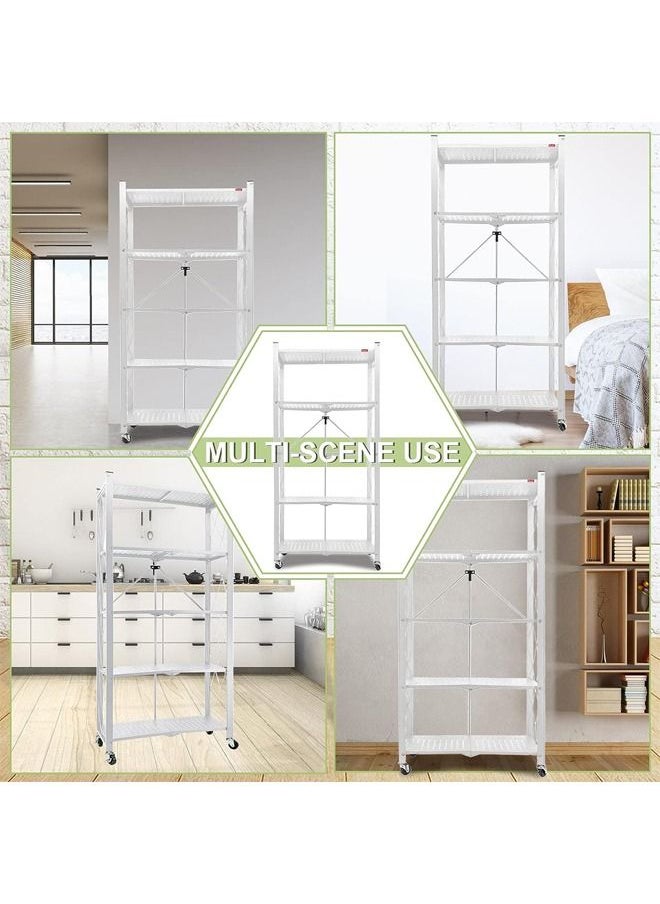 Taimi - 5-Tier Folding Shelf Steel Shelving Rack with Wheels for Mobile Storage White - Image 1