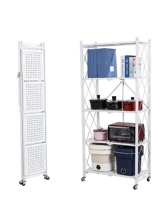 Taimi - 5-Tier Folding Shelf Steel Shelving Rack with Wheels for Mobile Storage White - Image 1