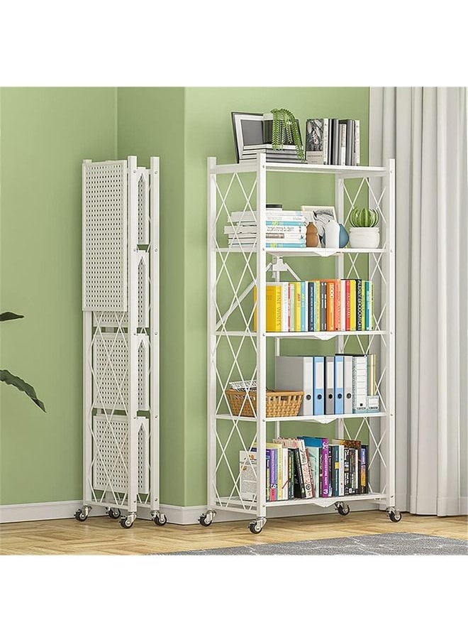 Taimi - 5-Tier Folding Shelf Steel Shelving Rack with Wheels for Mobile Storage White - Image 1