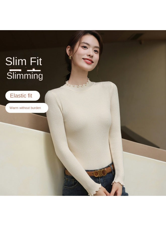 Baleno Ruffle-trimmed Small Stand Collar Fashionable Ribbed Knit Sweater For Autumn, Warm Inner Wear, Figure-flattering, Versatile Women's Base Layer Top - Image 3