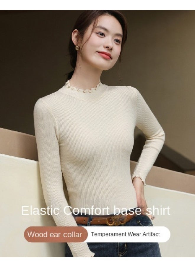 Baleno Ruffle-trimmed Small Stand Collar Fashionable Ribbed Knit Sweater For Autumn, Warm Inner Wear, Figure-flattering, Versatile Women's Base Layer Top - Image 1