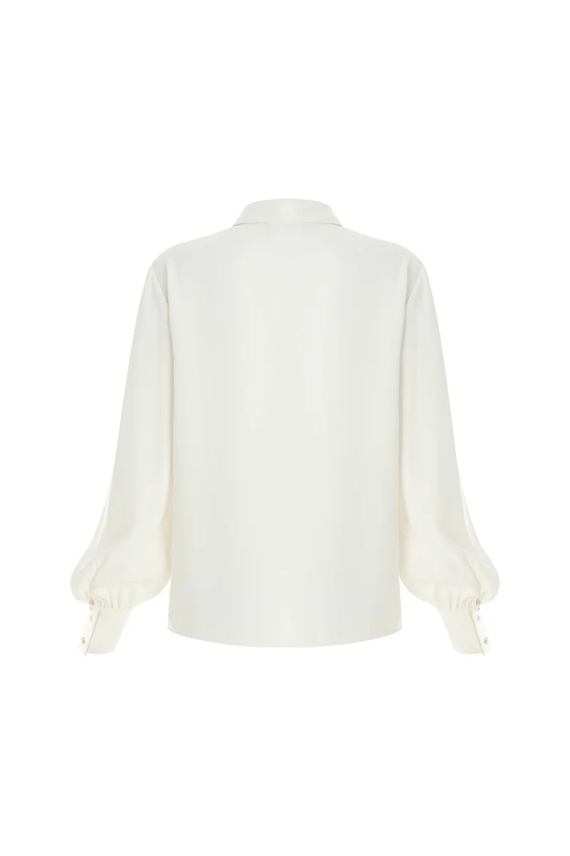 EXQUISE Shirt Collar Long Sleeve Drop Neck Regular Cream Blouse