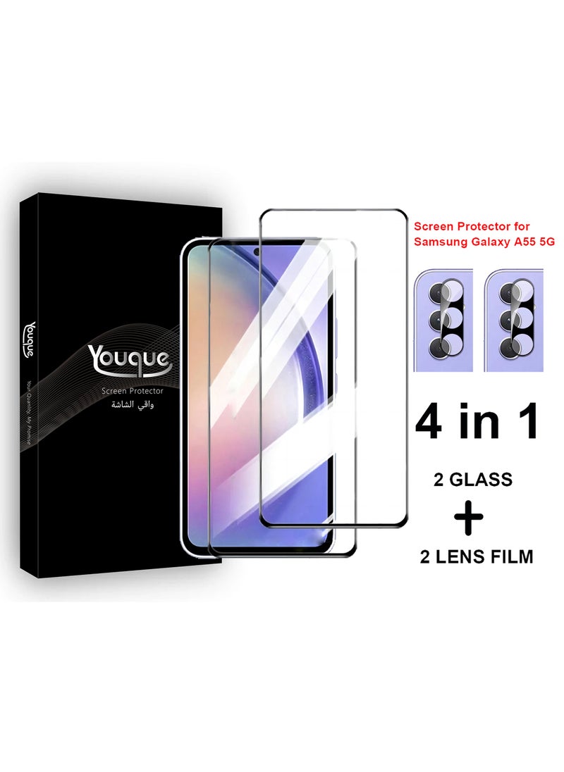 Youque 4 in 1 9H Full Tempered Glass for Samsung Galaxy A55 5G, 2 Pack Screen Protector and 2 Pack Lens Film  - Image 1