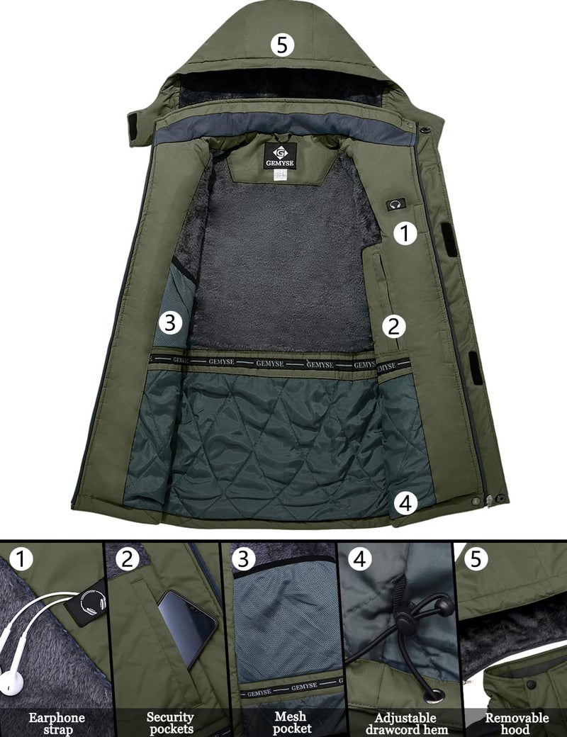 GEMYSE Men's Mountain Waterproof Ski Snow Jacket Winter Windproof Rain Jacket (Army Green,Small) - Image 5