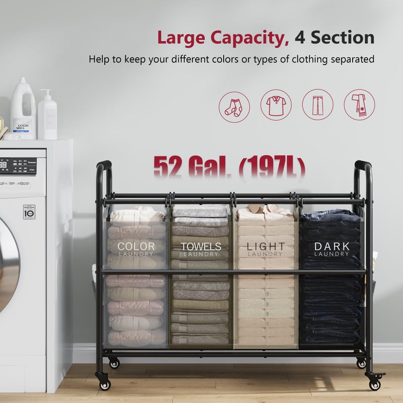 Tajsoon 4 Bag Laundry Sorter Cart, 4 Section Laundry Hamper Sorter with Heavy Duty Lockable Rolling Wheels, Laundry Separator Hamper with Removable Bags for Dirty Clothes Storage, 4 Colors - Image 4