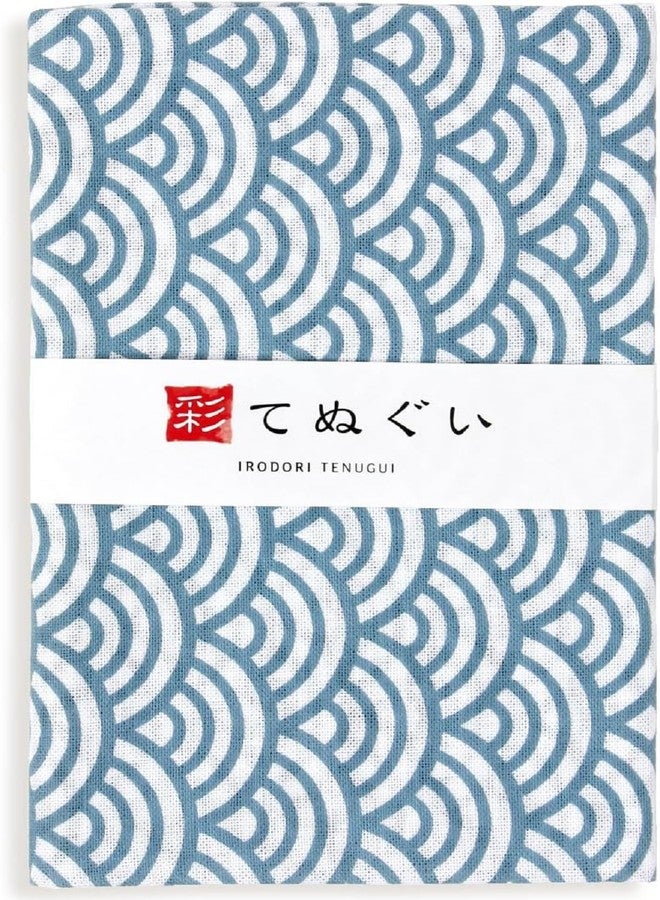 KOMESICHI irodori Japanese Traditional Towel Tenugui Seigaiha (Light Blue) 12.99 x 34.64 in with Tenugui Iroha (English Manual) Without Fray Prevention - Image 1