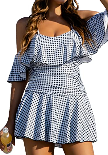 COCOPEAR Women's One Piece Flounce Swimsuit Off Shoulder Bathing Suit Tummy Control Swimdress Black White Stripe Plaid XL/12-14 - Image 1