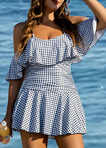 COCOPEAR Women's One Piece Flounce Swimsuit Off Shoulder Bathing Suit Tummy Control Swimdress Black White Stripe Plaid XL/12-14 - Image 2