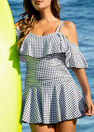 COCOPEAR Women's One Piece Flounce Swimsuit Off Shoulder Bathing Suit Tummy Control Swimdress Black White Stripe Plaid XL/12-14 - Image 3