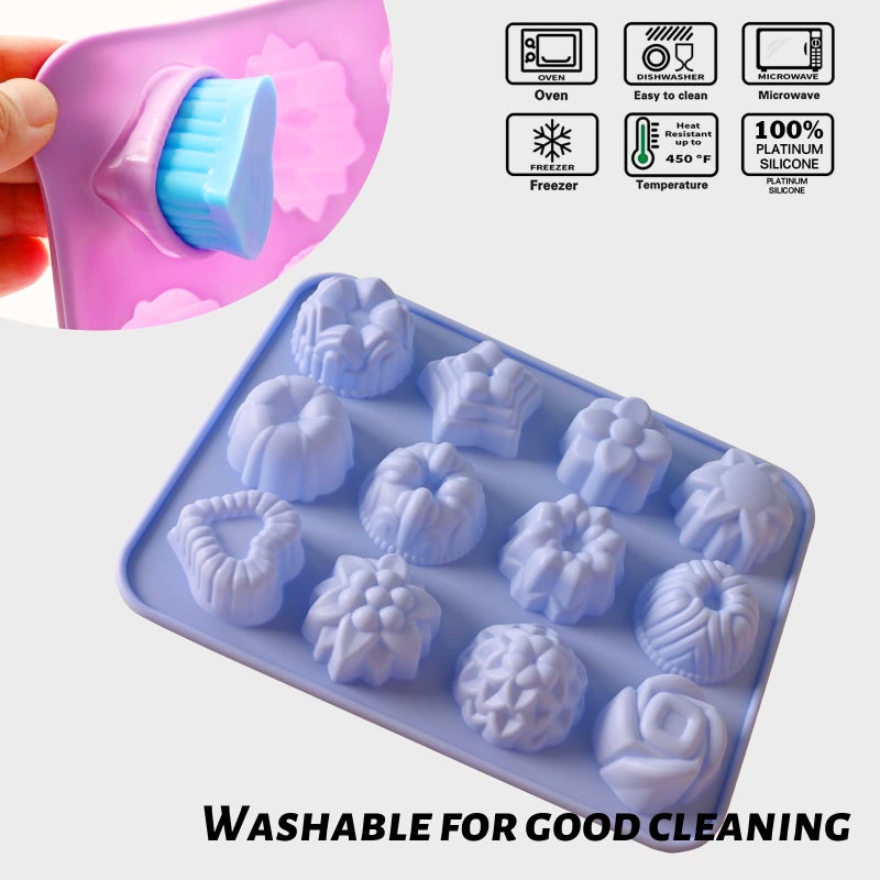 Sakolla 3 Pack Flower Molds Silicone, 12 Cavities Different Shapes Silicone Molds for Chocolate, Cupcake, Candy, Jelly, Ice Cube, Muffin (Pink, Purple, Blue) - Image 4