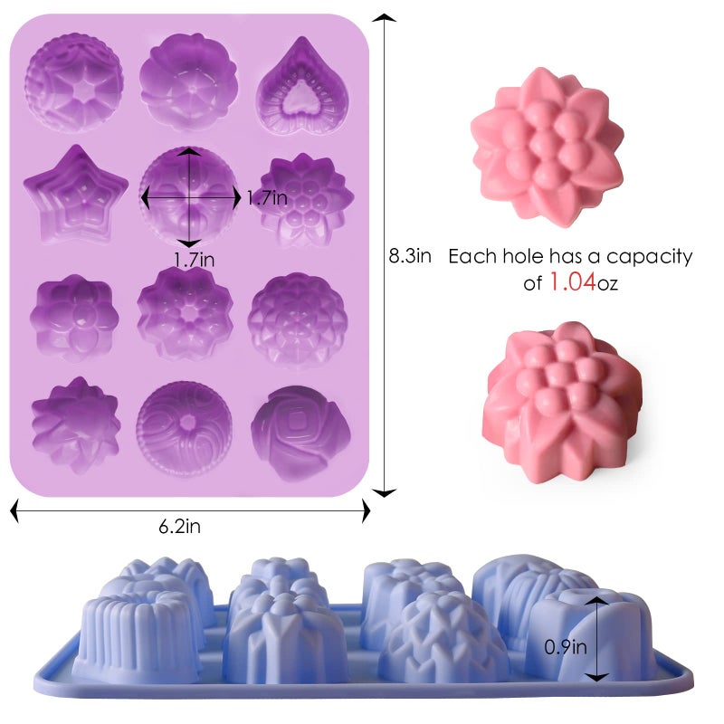 Sakolla 3 Pack Flower Molds Silicone, 12 Cavities Different Shapes Silicone Molds for Chocolate, Cupcake, Candy, Jelly, Ice Cube, Muffin (Pink, Purple, Blue) - Image 2