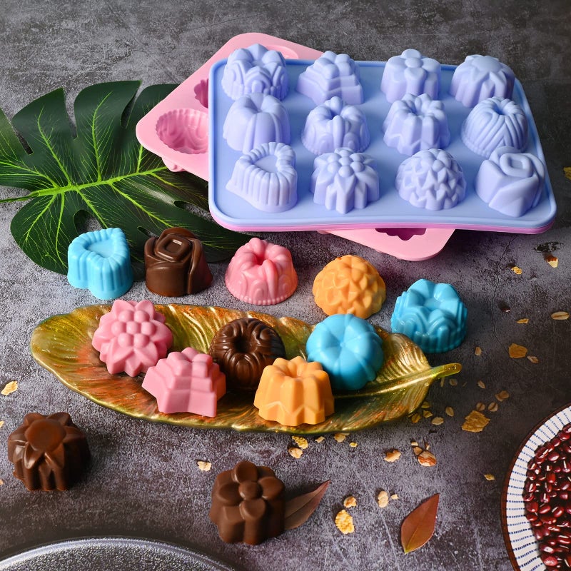 Sakolla 3 Pack Flower Molds Silicone, 12 Cavities Different Shapes Silicone Molds for Chocolate, Cupcake, Candy, Jelly, Ice Cube, Muffin (Pink, Purple, Blue) - Image 3