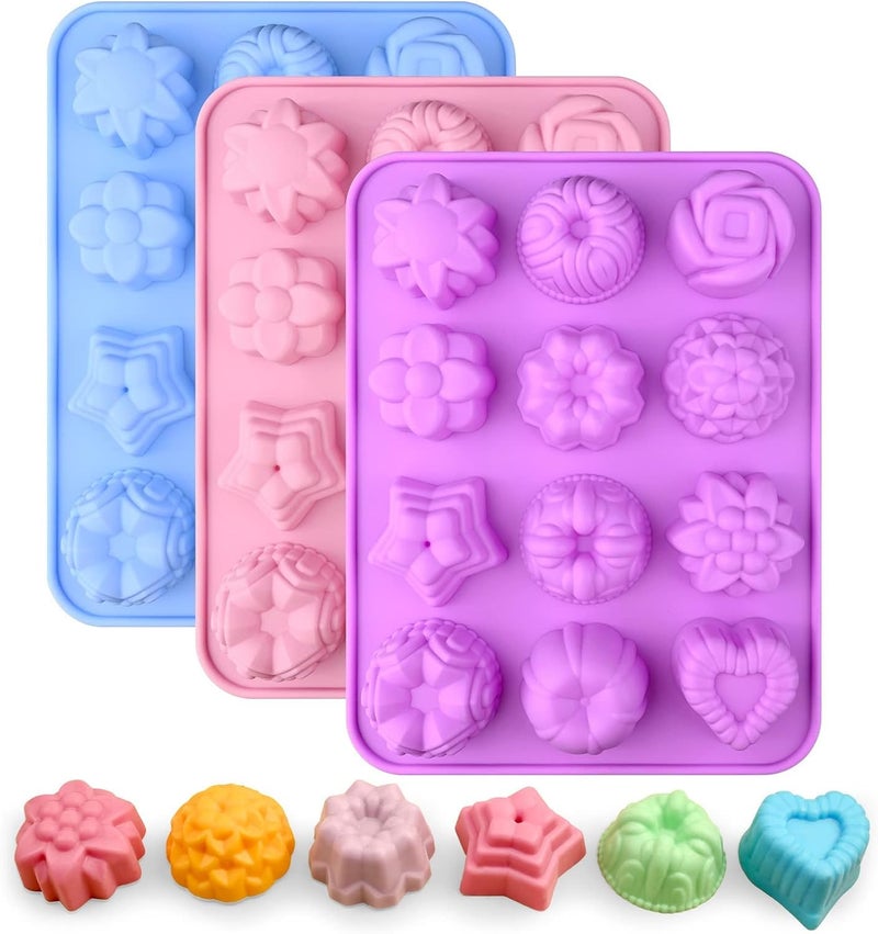 Sakolla 3 Pack Flower Molds Silicone, 12 Cavities Different Shapes Silicone Molds for Chocolate, Cupcake, Candy, Jelly, Ice Cube, Muffin (Pink, Purple, Blue) - Image 1