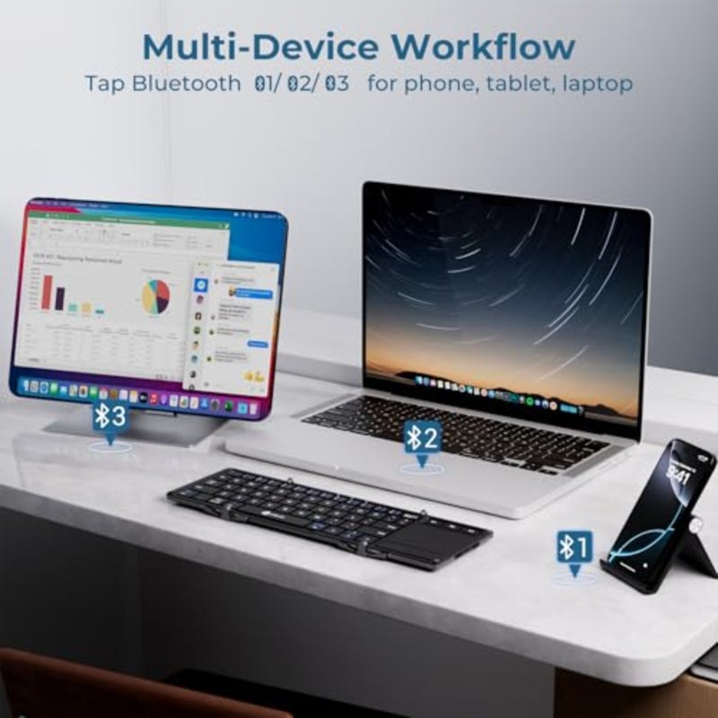 لوحة مفاتيح بلوتوث محمولة ثلاثية قابلة للطي مع لوحة تتبع متعددة اللمس لأجهزة iPad iPhone Windows Mac Android، هيكل من الألومنيوم، رمادي فلكي، تبديل 3 أجهزة، شحن USB-C، السفر والعمل عن بعد - Image 5