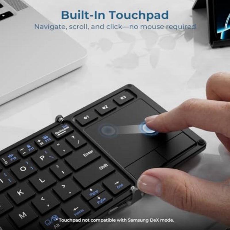 لوحة مفاتيح بلوتوث محمولة ثلاثية قابلة للطي مع لوحة تتبع متعددة اللمس لأجهزة iPad iPhone Windows Mac Android، هيكل من الألومنيوم، رمادي فلكي، تبديل 3 أجهزة، شحن USB-C، السفر والعمل عن بعد - Image 3