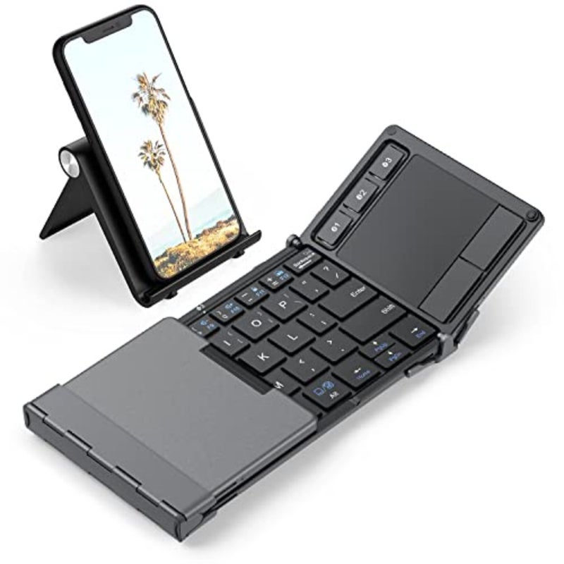 لوحة مفاتيح بلوتوث محمولة ثلاثية قابلة للطي مع لوحة تتبع متعددة اللمس لأجهزة iPad iPhone Windows Mac Android، هيكل من الألومنيوم، رمادي فلكي، تبديل 3 أجهزة، شحن USB-C، السفر والعمل عن بعد - Image 1