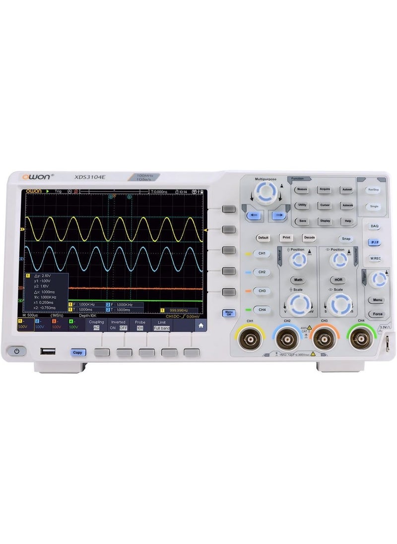 Owon OWON XDS3104E Digital Oscilloscope 100Mhz DSO 4 Channels 1GSS 8 BITS LCD with Touch screen Function45000 wfmss refresh rate40M record length Standard I2CSPIRS232 and CAN decoding  - Image 1
