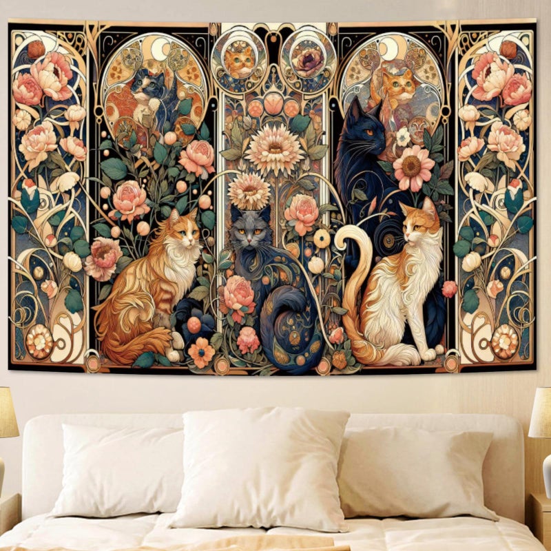 Apdidl Boho Floral Cute Wall Tapestry for Bedroom Vintage Flower Cat Wall Hanging Bohemian Style Orange and Black Cats Funny Tapestries Animal Painting Art Poster for Girls Room Dorm Beach Decor 39 X 60