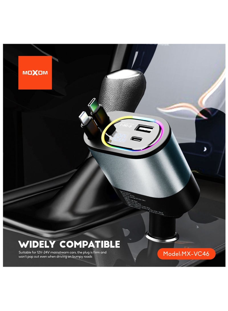 MOXOM Retractable Moxom Car Charger MX-VC46, 4 in 1 12/24V 120W Fast Charging Car Charger USB-C & USB-A, Retractable Cables Compatible with iPhone iPhone,Samsung,Huawei,Xiaomi,Pixel - Image 5
