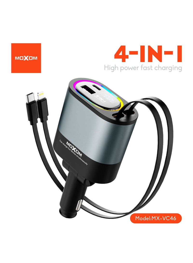 MOXOM Retractable Moxom Car Charger MX-VC46, 4 in 1 12/24V 120W Fast Charging Car Charger USB-C & USB-A, Retractable Cables Compatible with iPhone iPhone,Samsung,Huawei,Xiaomi,Pixel - Image 2