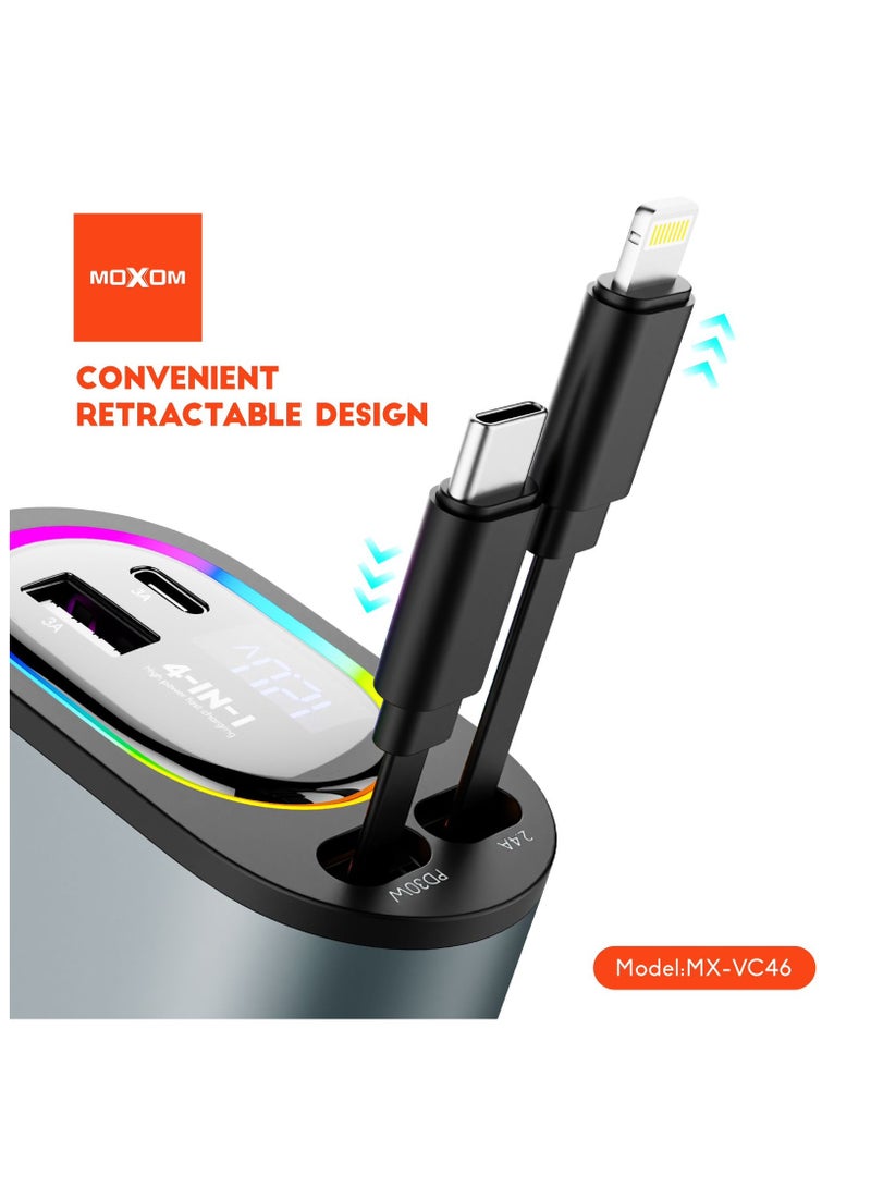 MOXOM Retractable Moxom Car Charger MX-VC46, 4 in 1 12/24V 120W Fast Charging Car Charger USB-C & USB-A, Retractable Cables Compatible with iPhone iPhone,Samsung,Huawei,Xiaomi,Pixel - Image 3