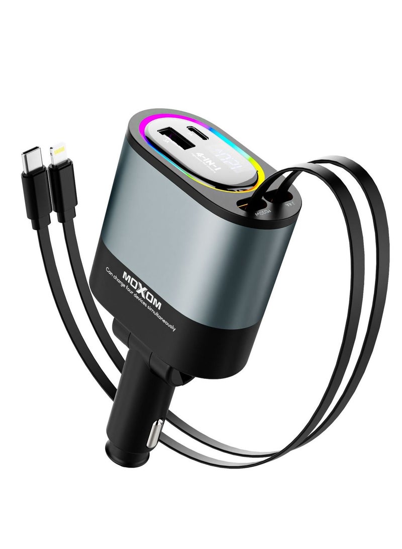 MOXOM Retractable Moxom Car Charger MX-VC46, 4 in 1 12/24V 120W Fast Charging Car Charger USB-C & USB-A, Retractable Cables Compatible with iPhone iPhone,Samsung,Huawei,Xiaomi,Pixel - Image 1
