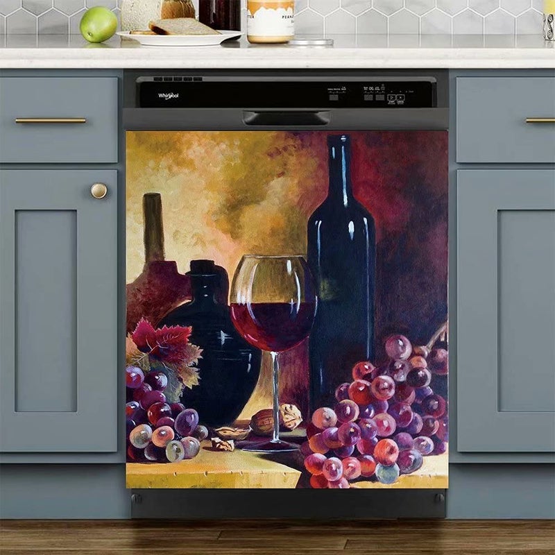MLGB Vintage Wine Bottle Kitchen Dishwasher Magnet Cover Decal Wine and Grapes Dishwasher Home Decor Sticker Can Move Freely 23W x 26H inch Magnetic