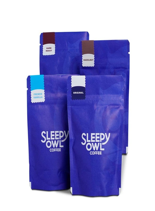 Sleepy Owl Ground Coffee Bag For French Press Sampler Pack | 50G X 4 Flavours - Dark Roast, Original Medium Roast, French Vanilla & Hazelnut | Coarse Grind | Directly Sourced From Chikmagalur - Image 1