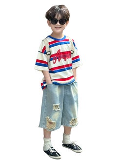 Al Aoyama Summer Boys Outfits Boys Short Sleeve Cotton Striped Tshirt + Denim Jean Shorts Set  - Image 1