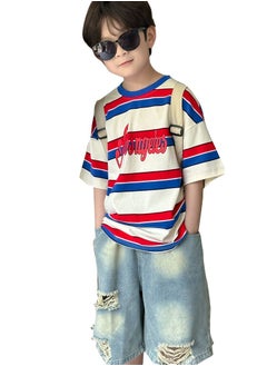 Al Aoyama Summer Boys Outfits Boys Short Sleeve Cotton Striped Tshirt + Denim Jean Shorts Set  - Image 2
